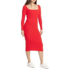 Spiritual Gangster Vibrant Red Luly Slim Rib Long Sleeve Dress size S